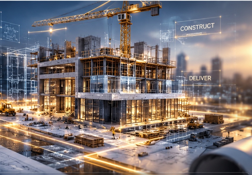 3D construction visualization representing planning, engineering, construction and delivery